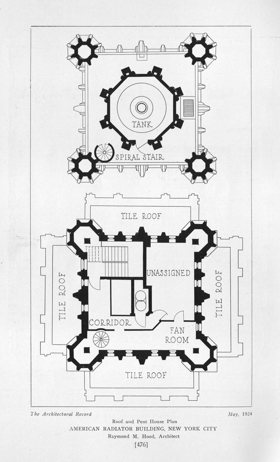 Floor plans of the penthouse and the roof levels. The plan of the penthouse in the lower half shows areas for stairs, a corridor, and a fan room. The plan is roughly square, with small rounded bays at each corner. The plan of the roof shows a central water tank and a spiral staircase. The plan is roughly square, with small round turrets at each corner.